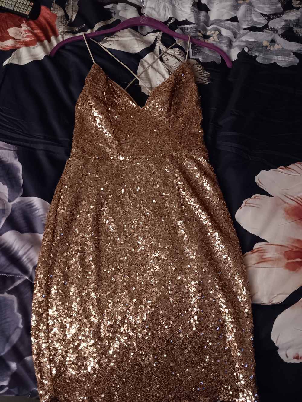 Hello Molly Gold Sequin Midi Dress with Spaghetti Straps - Picture 3 of 4